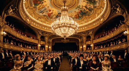 Lustre géant de l'Opéra Garnier en 1875 avec public