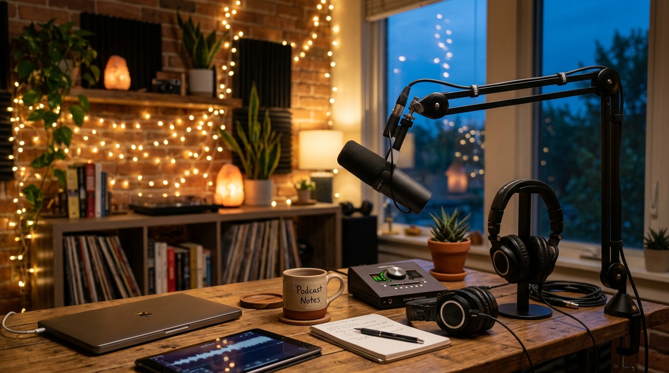 Studio de podcast chaleureux avec micro et guirlande lumineuse