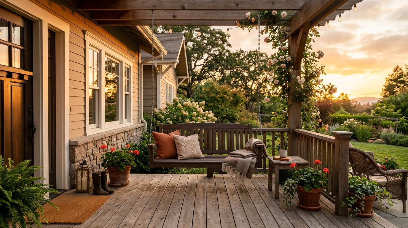 Terrasse avec balancelle au coucher du soleil