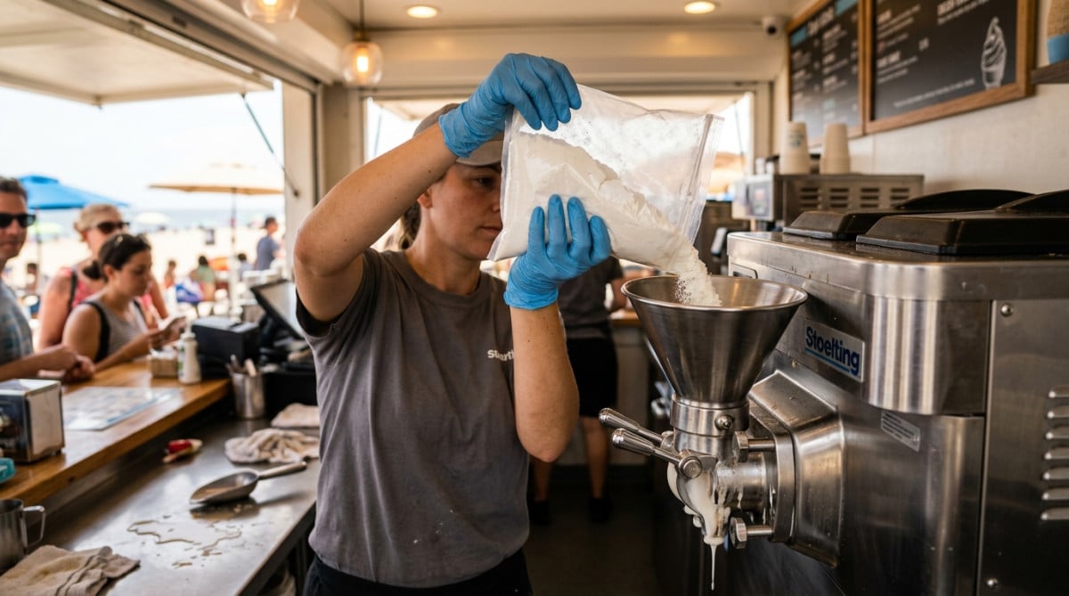 Machine à glace italienne versant le mix en poudre