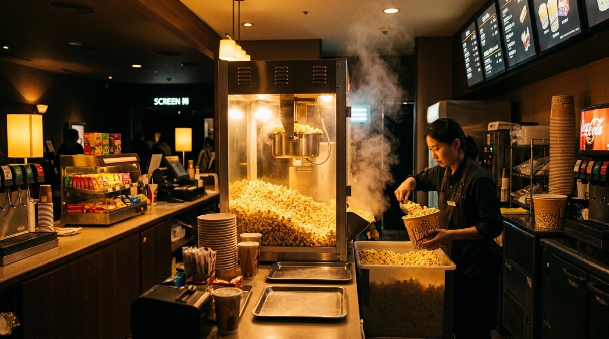 Machine à pop-corn dans un stand de cinéma