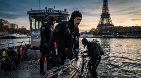 Brigade fluviale sur la Seine près de la tour Eiffel
