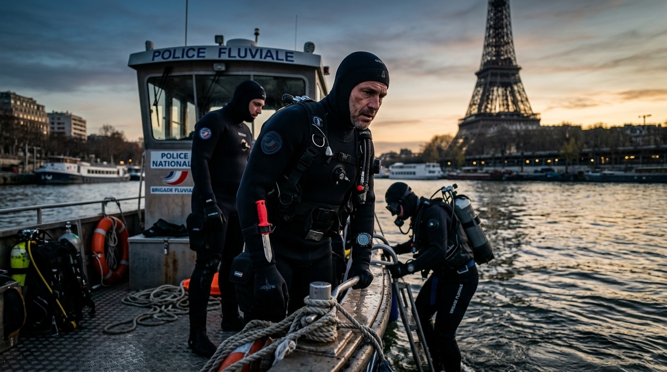 Brigade fluviale sur la Seine près de la tour Eiffel