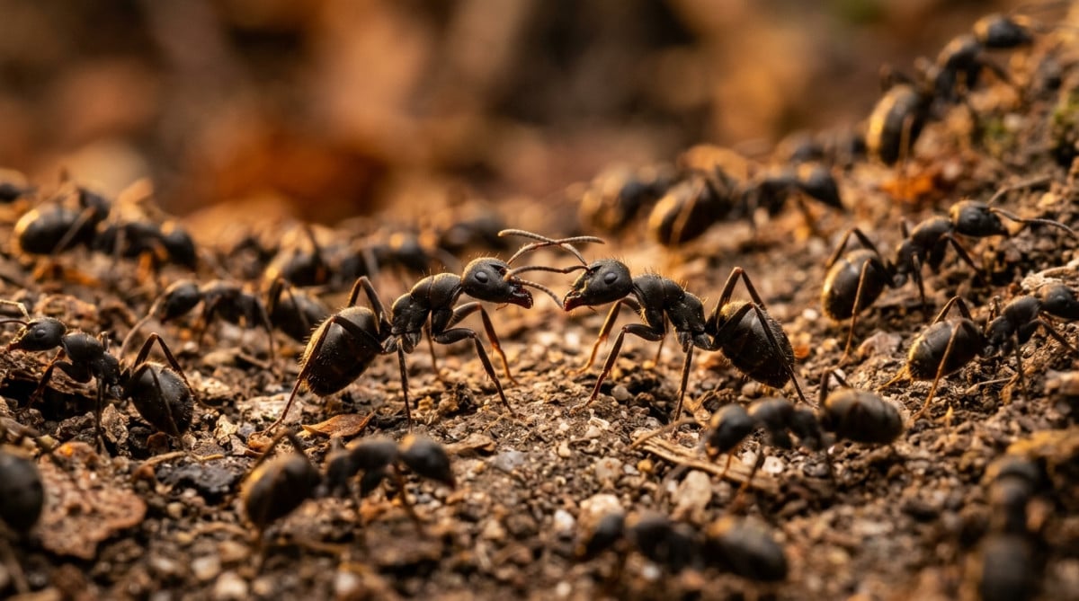Macro de fourmis se croisant sans collision sur un chemin
