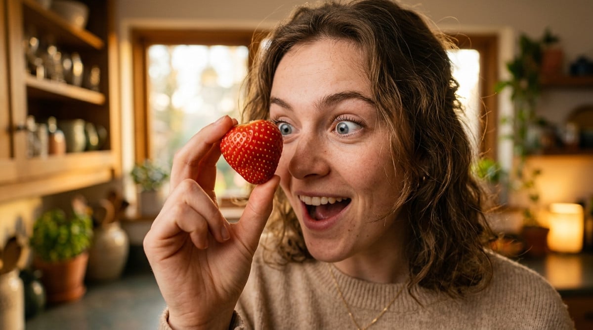 Macro d'une fraise montrant ses vrais fruits minuscules