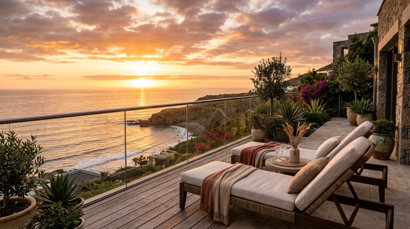 Terrasse luxueuse face à l'océan au coucher du soleil