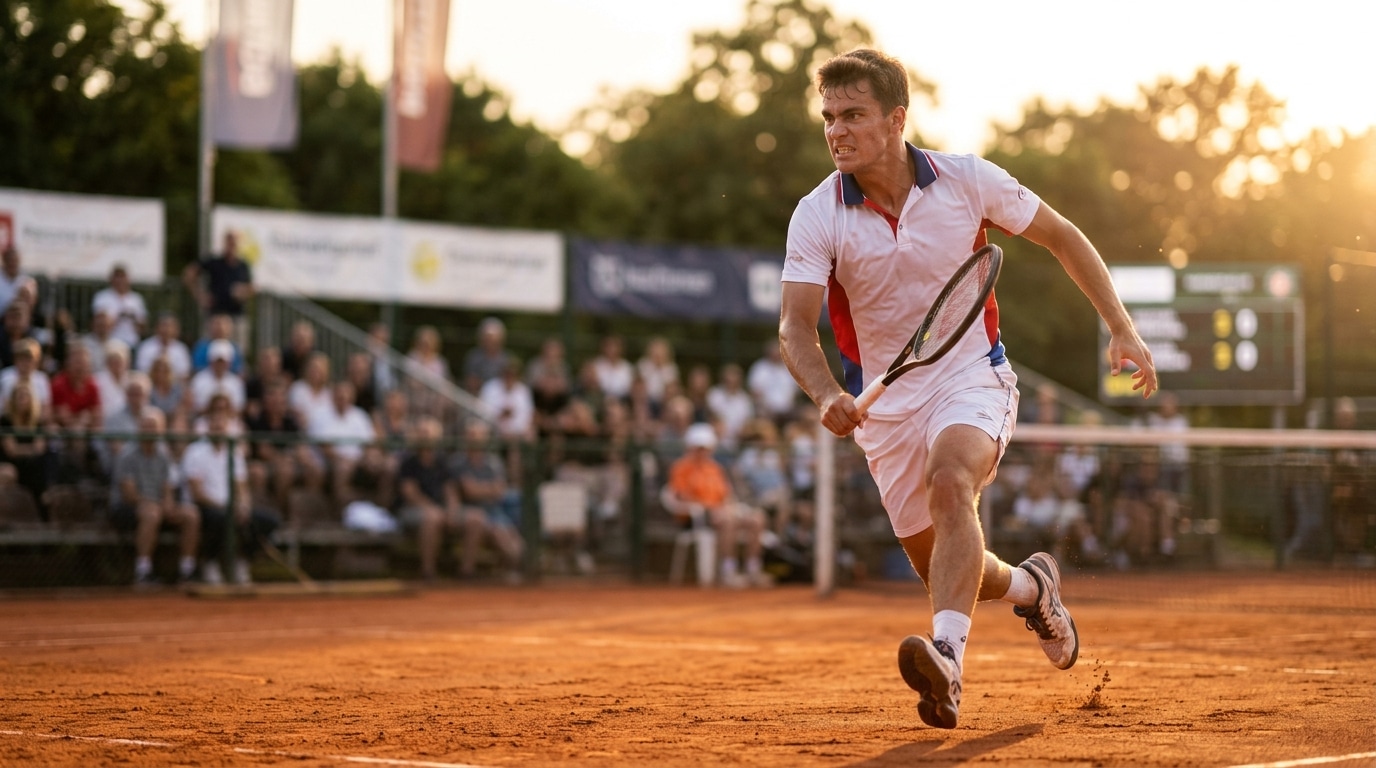 Jeune homme concentré sur un court de tennis ensoleillé