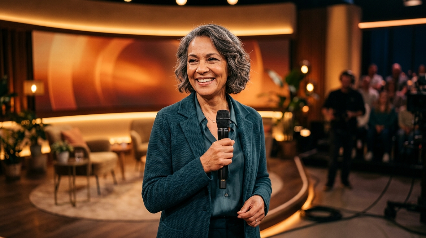 Femme souriante sur un plateau télé lumière chaude