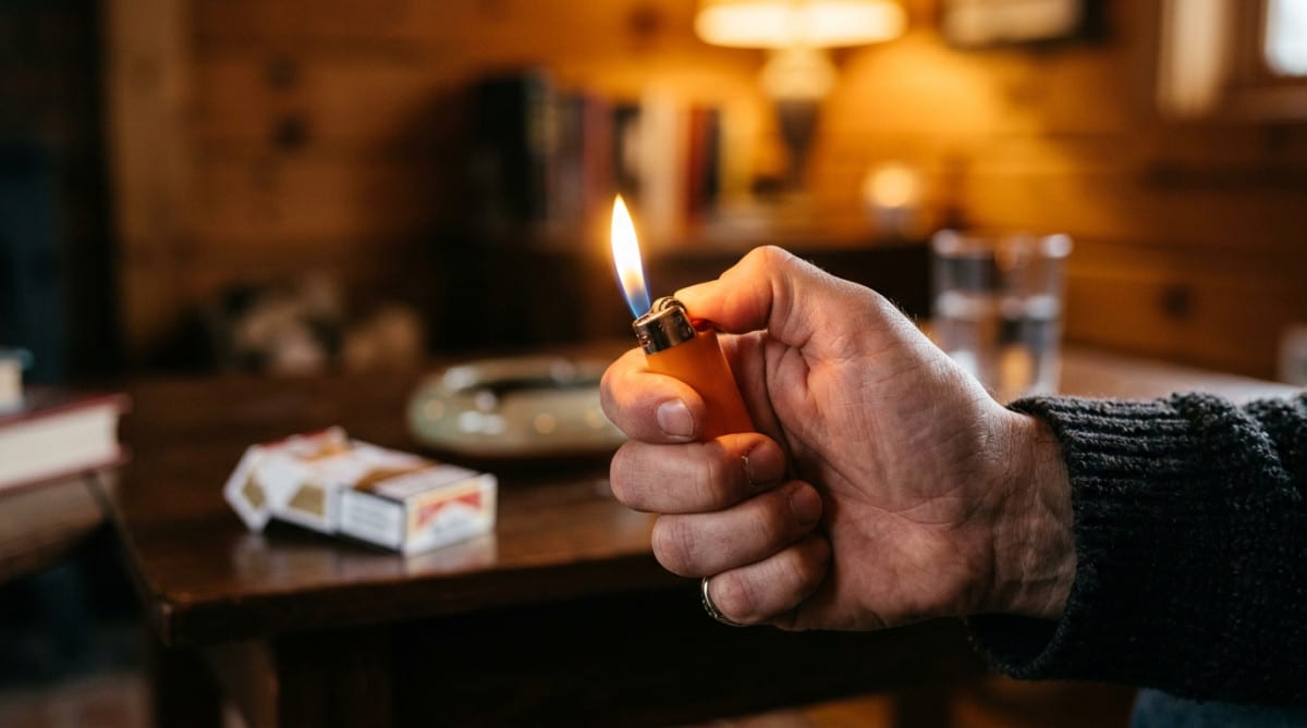 Main allumant un briquet Bic avec flamme orange