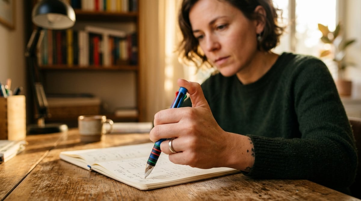 Main cliquant sur un stylo Bic quatre couleurs