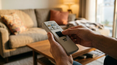 Main collant une bande velcro sur une télécommande