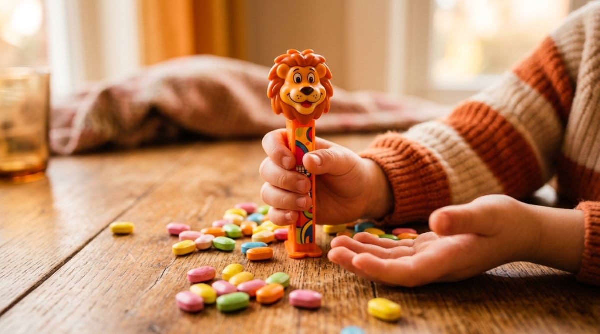 Main d'enfant tenant un distributeur PEZ coloré