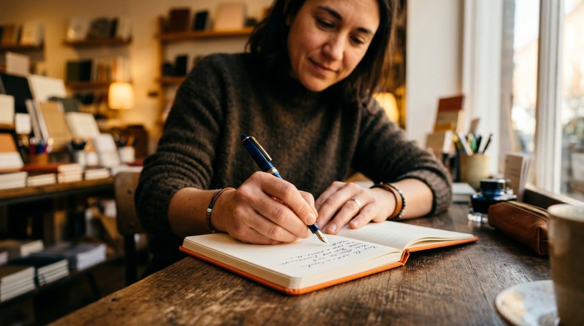 Main écrivant au stylo plume dans un carnet orange