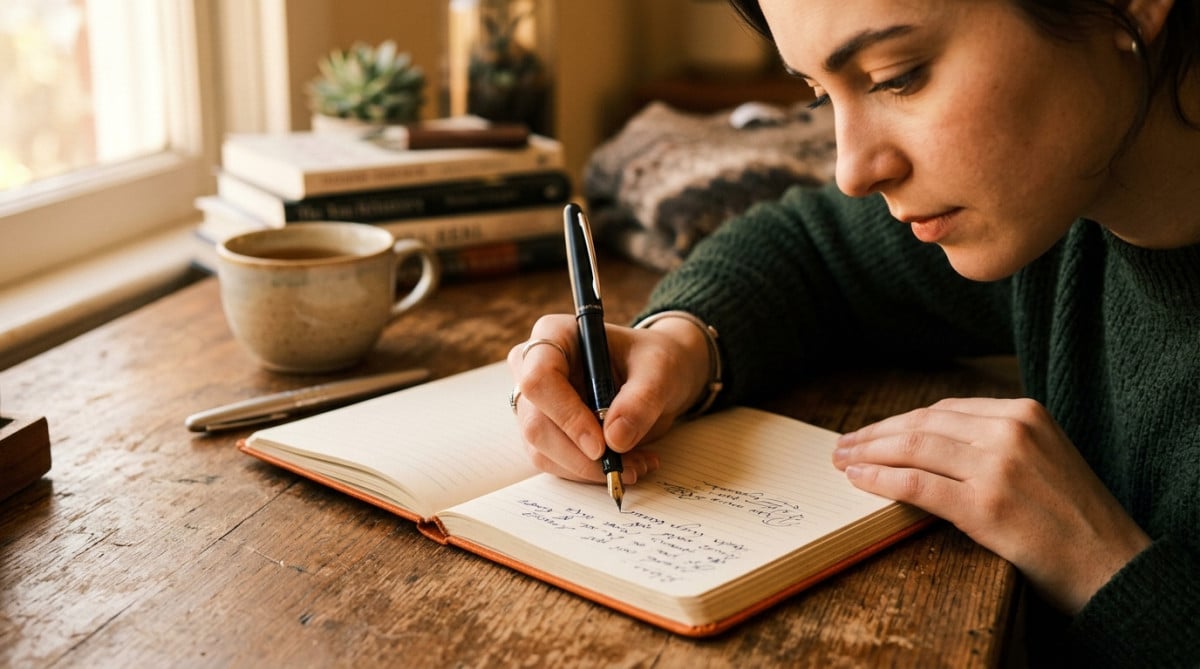 Main écrivant dans un carnet orange avec un stylo plume