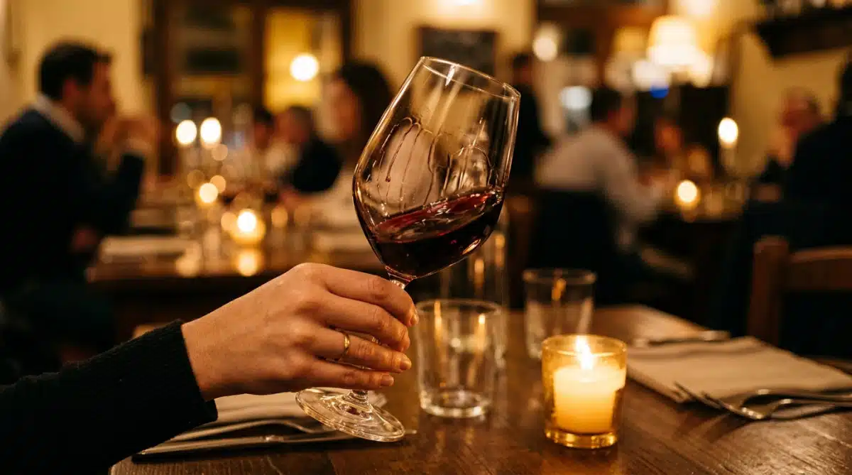 Main faisant tourner un verre de vin avec larmes visibles