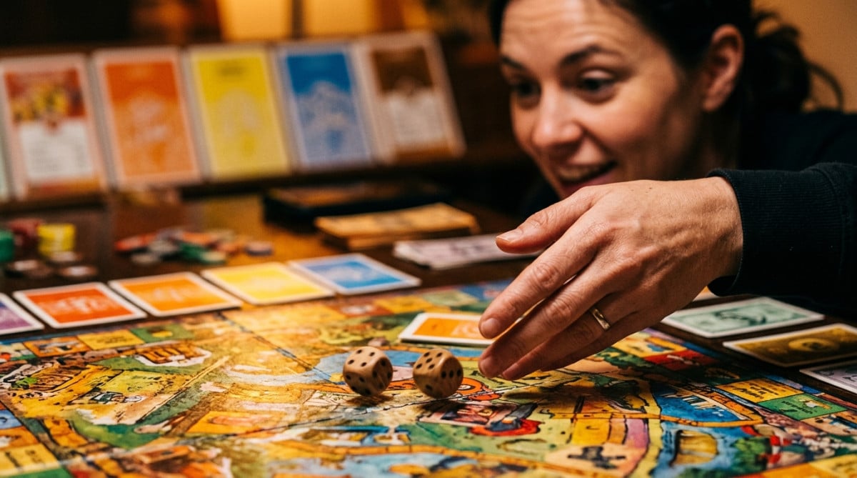 Main lançant les dés sur un plateau de jeu coloré