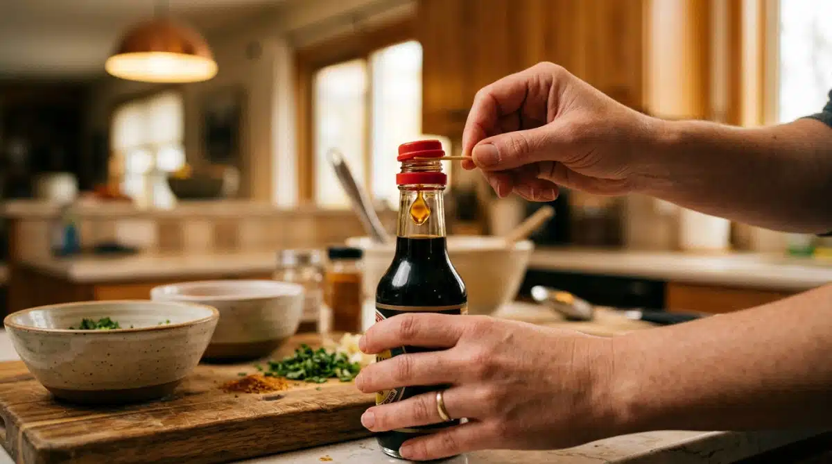 Main plaçant un cure-dent sous le bouchon d'une bouteille