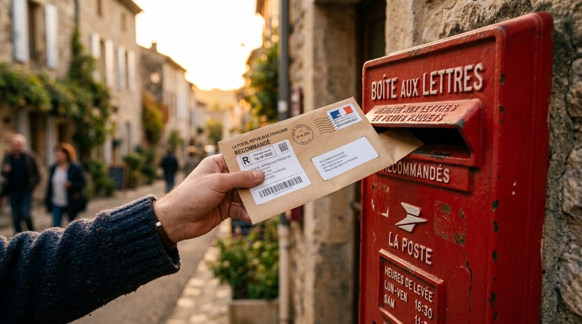 Main postant une lettre recommandée dans une boîte aux lettres