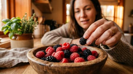 Main tenant des framboises et mûres fraîches