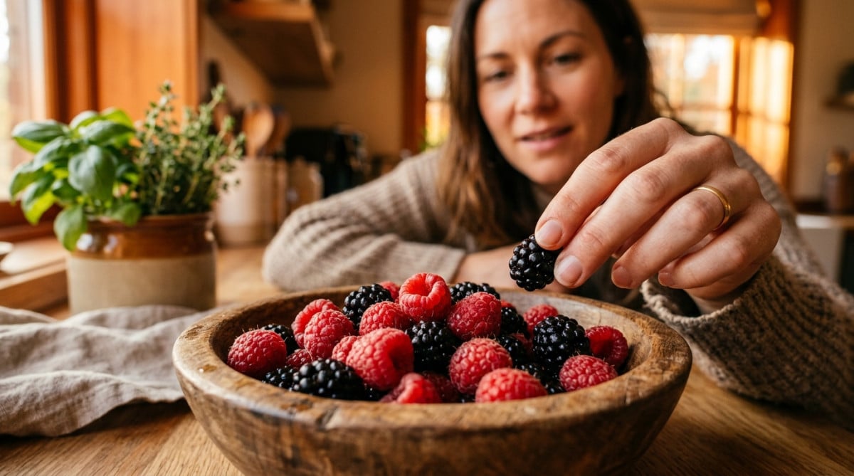 Main tenant des framboises et mûres fraîches