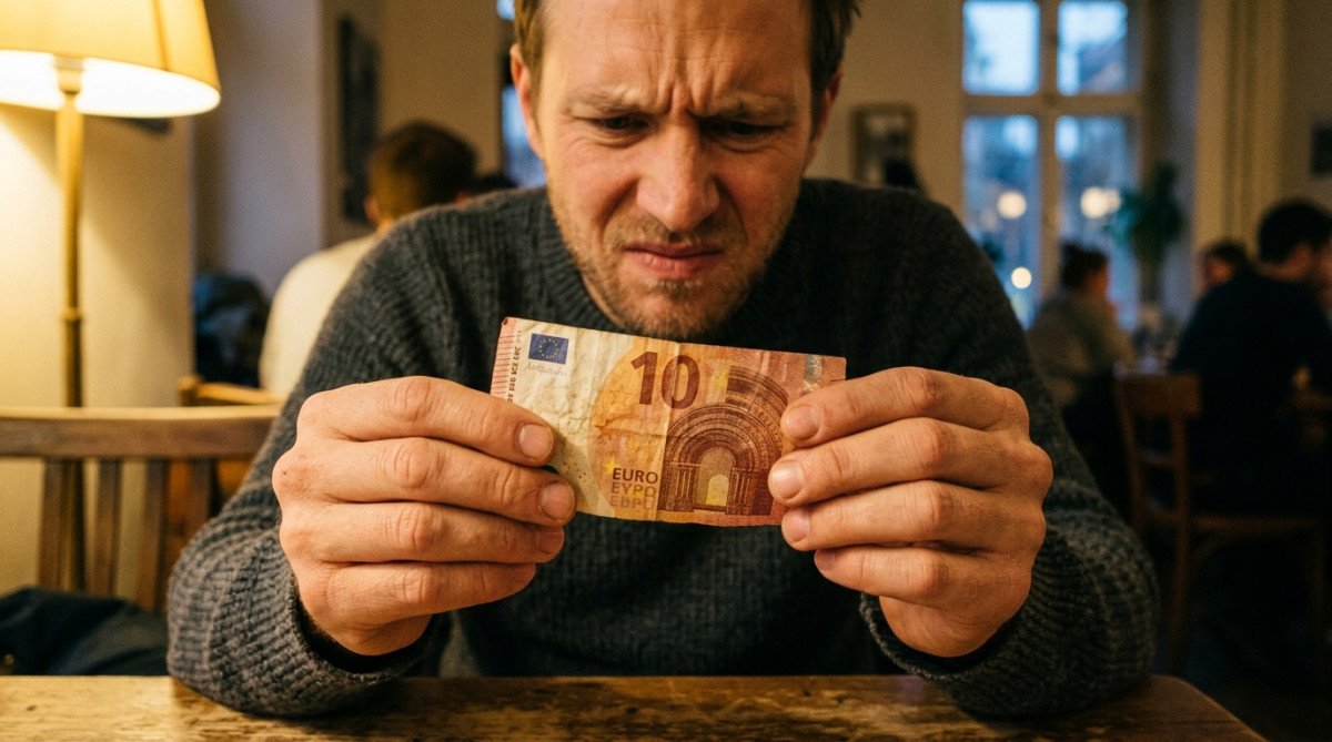 Main tenant un billet de banque froissé avec dégoût