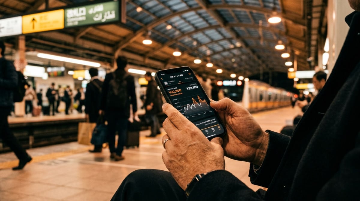 Main tenant un smartphone affichant un prix de billet en évolution