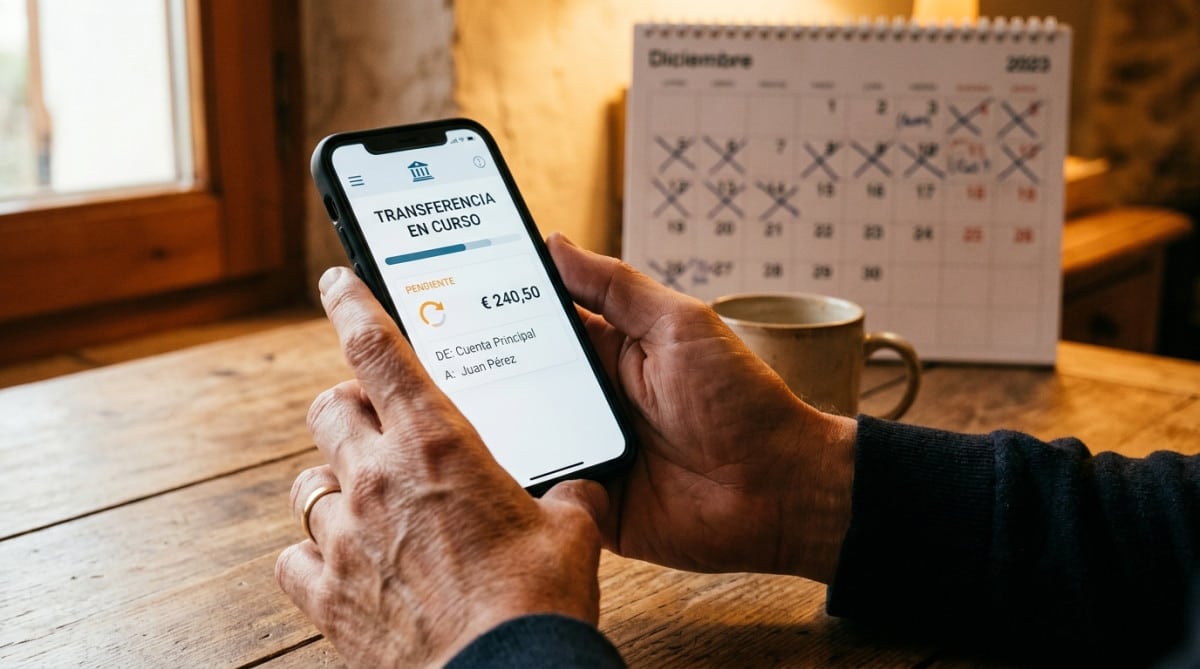 Main tenant un smartphone affichant un virement en attente