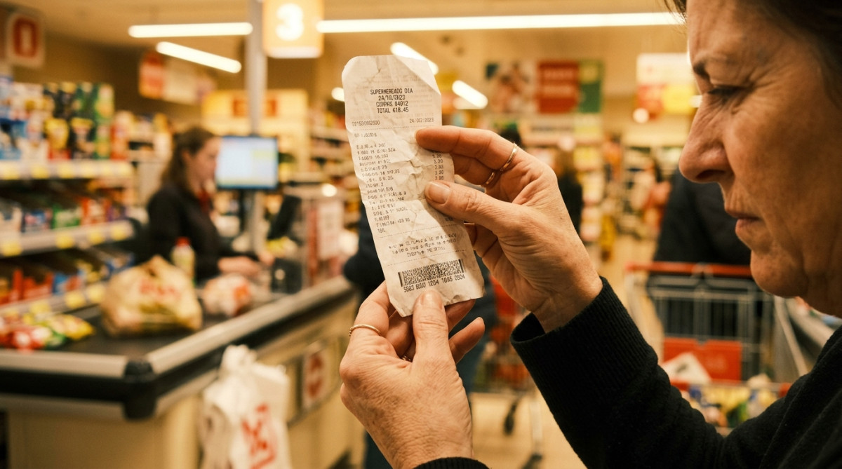 Main tenant un ticket de caisse froissé avec code