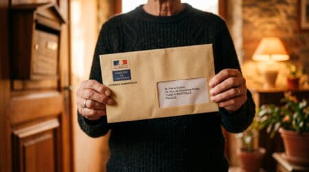 Main tenant une enveloppe administrative avec fenêtre transparente