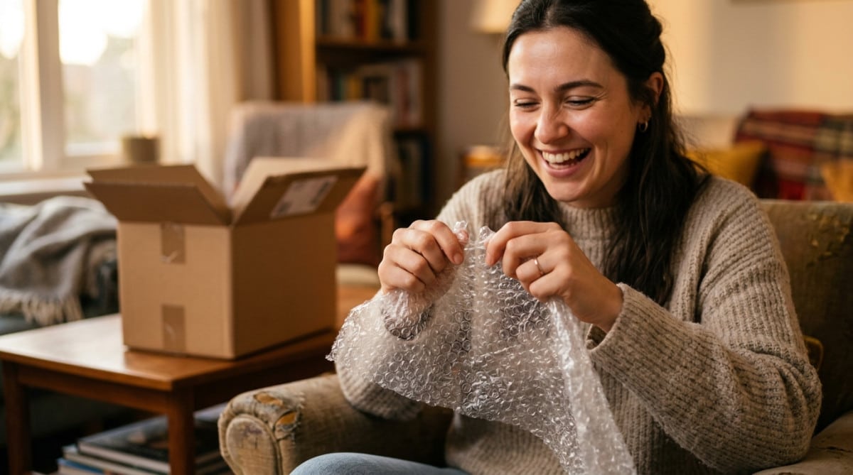 Mains crevant du papier bulle avec plaisir