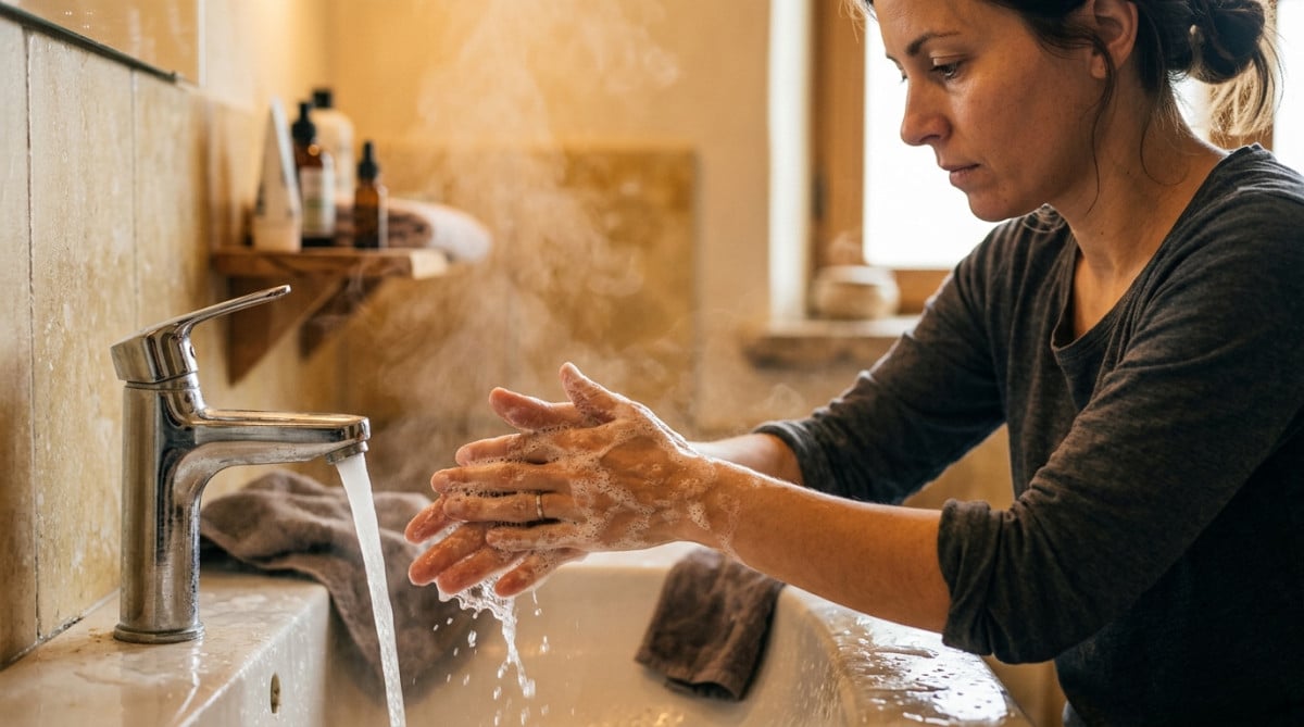 Mains lavées soigneusement avec du savon sous l'eau
