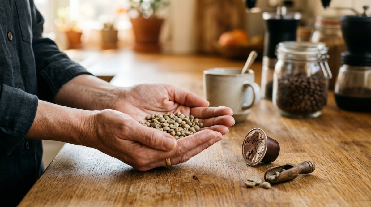 Mains tenant des grains de café et une capsule Nespresso