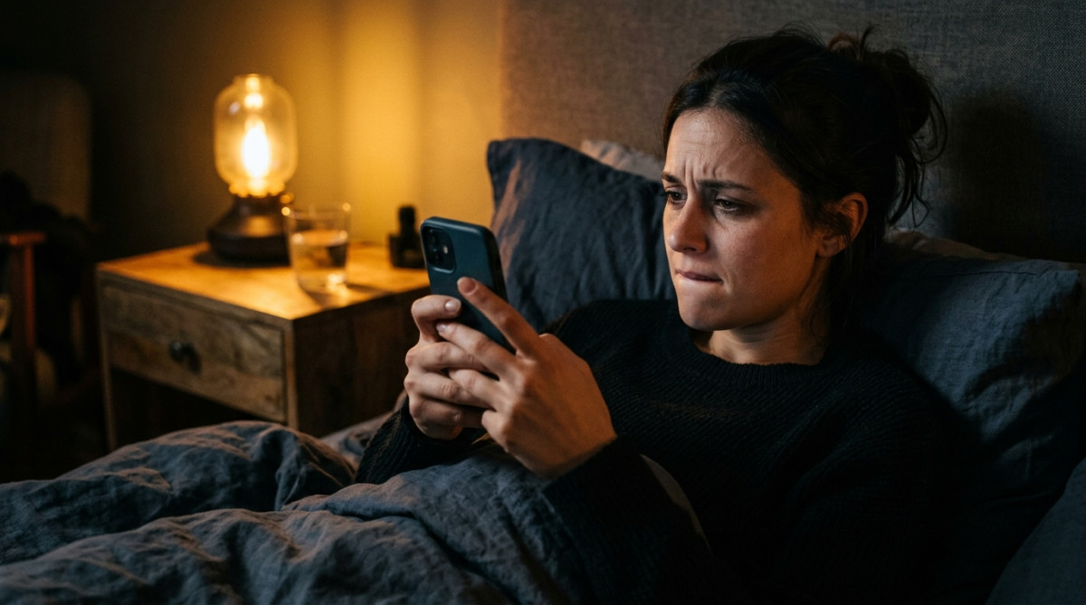 Mains tenant un smartphone au lit tard le soir