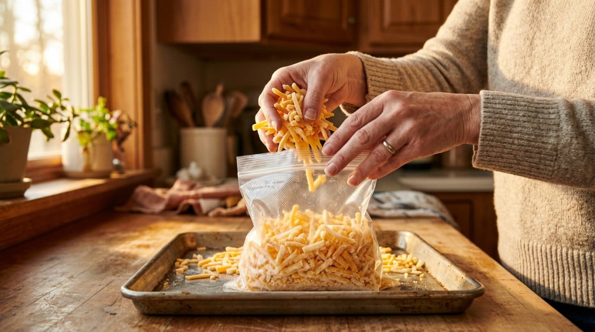 Mains transvasant du fromage râpé congelé dans un sac
