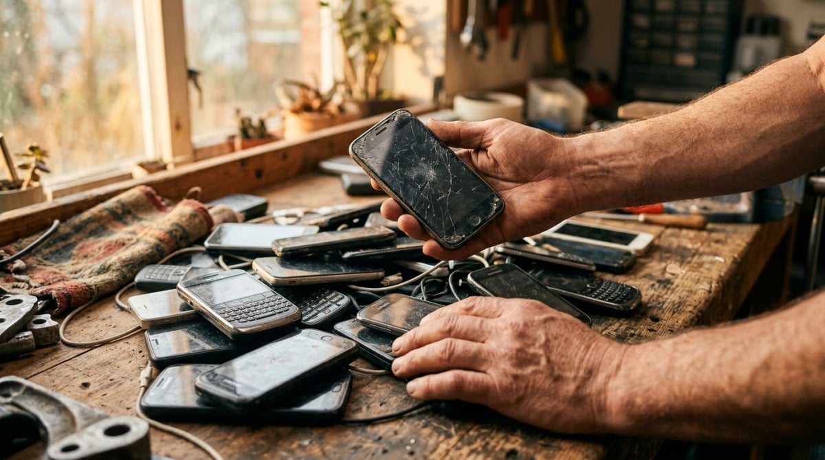 Mains triant plusieurs anciens téléphones portables usagés