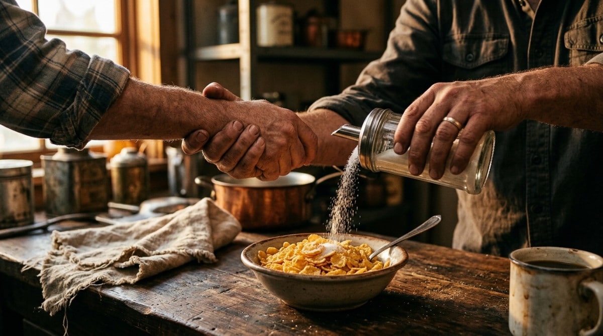 Mains versant du sucre sur des Corn Flakes en 1900