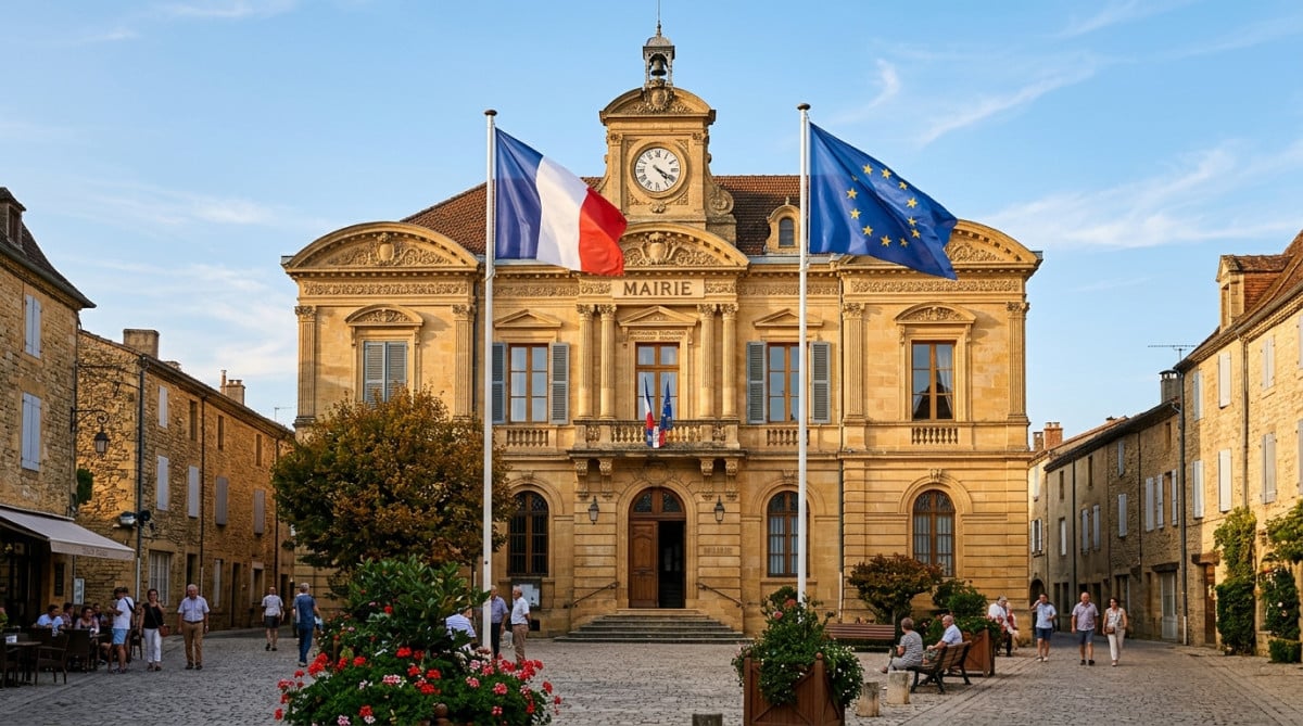 Mairie française avec drapeau tricolore et drapeau européen