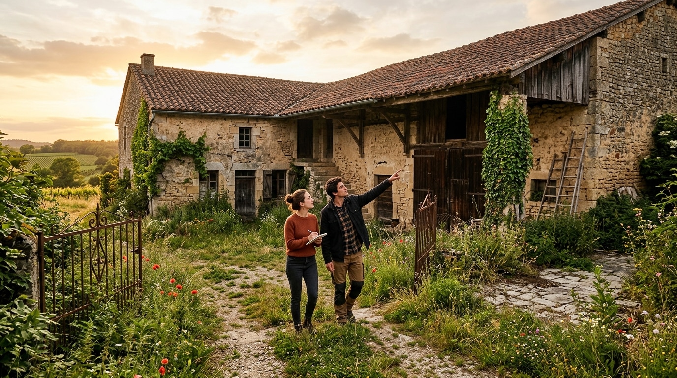 Corps de ferme ancien visité par un couple