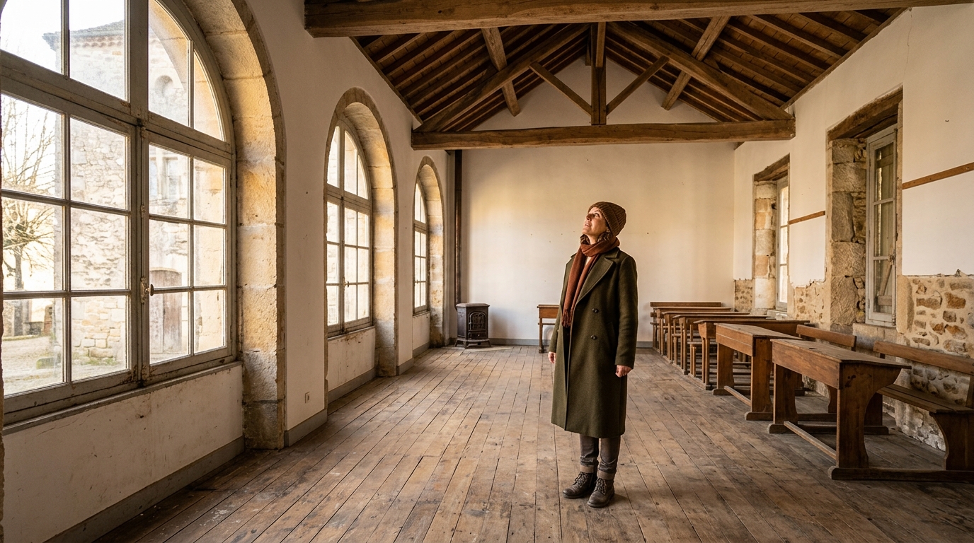 Ancienne école de village visitée par une femme