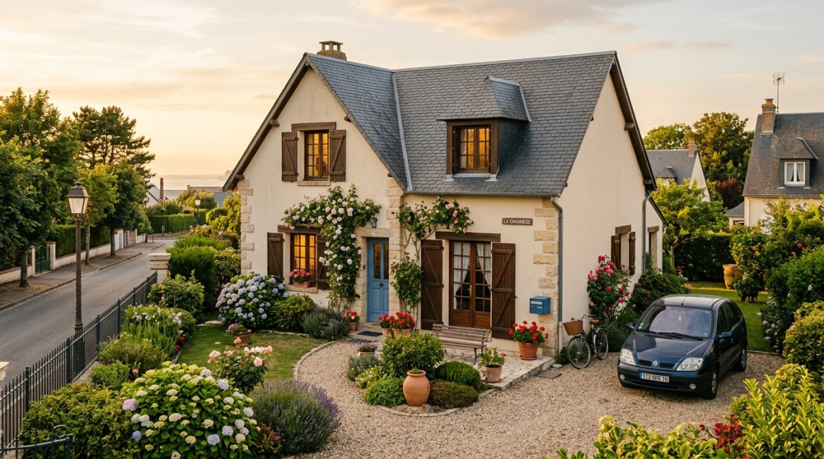 Maison familiale de banlieue en Normandie au coucher du soleil