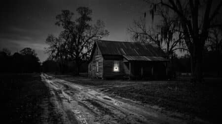 Maison rurale du Mississippi la nuit en 1955
