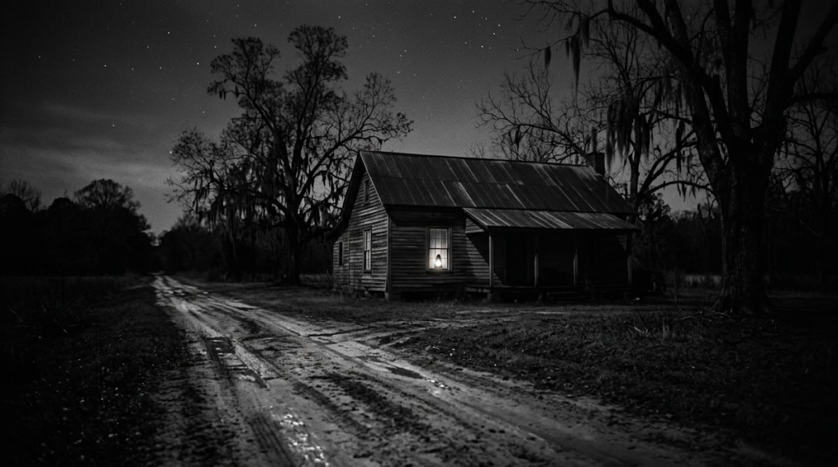 Maison rurale du Mississippi la nuit en 1955