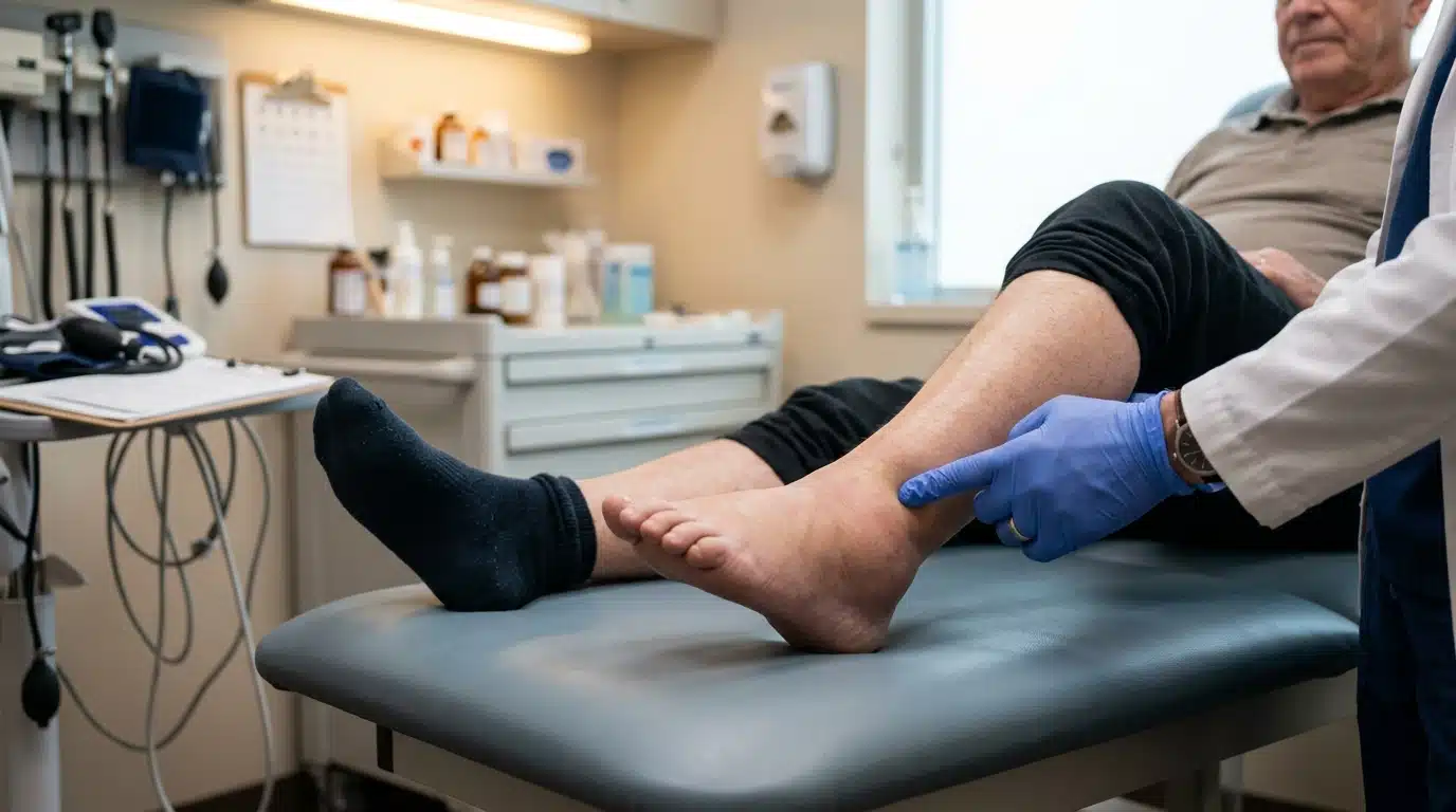 Médecin testant un œdème sur la cheville d'un patient