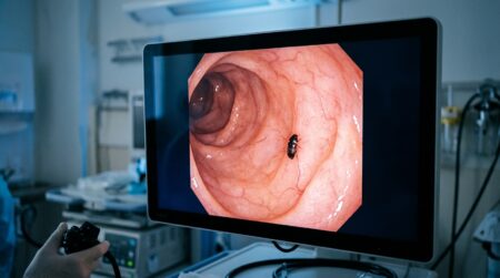 Écran d'endoscopie affichant la muqueuse intestinale rose pâle