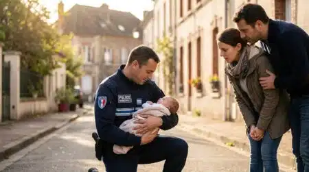 Policier municipal aidant un bébé dans la rue