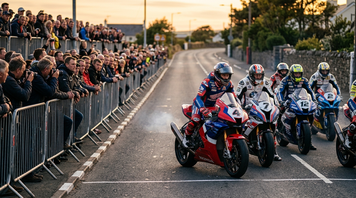 Pilotes de moto alignés au départ du Manx Grand Prix