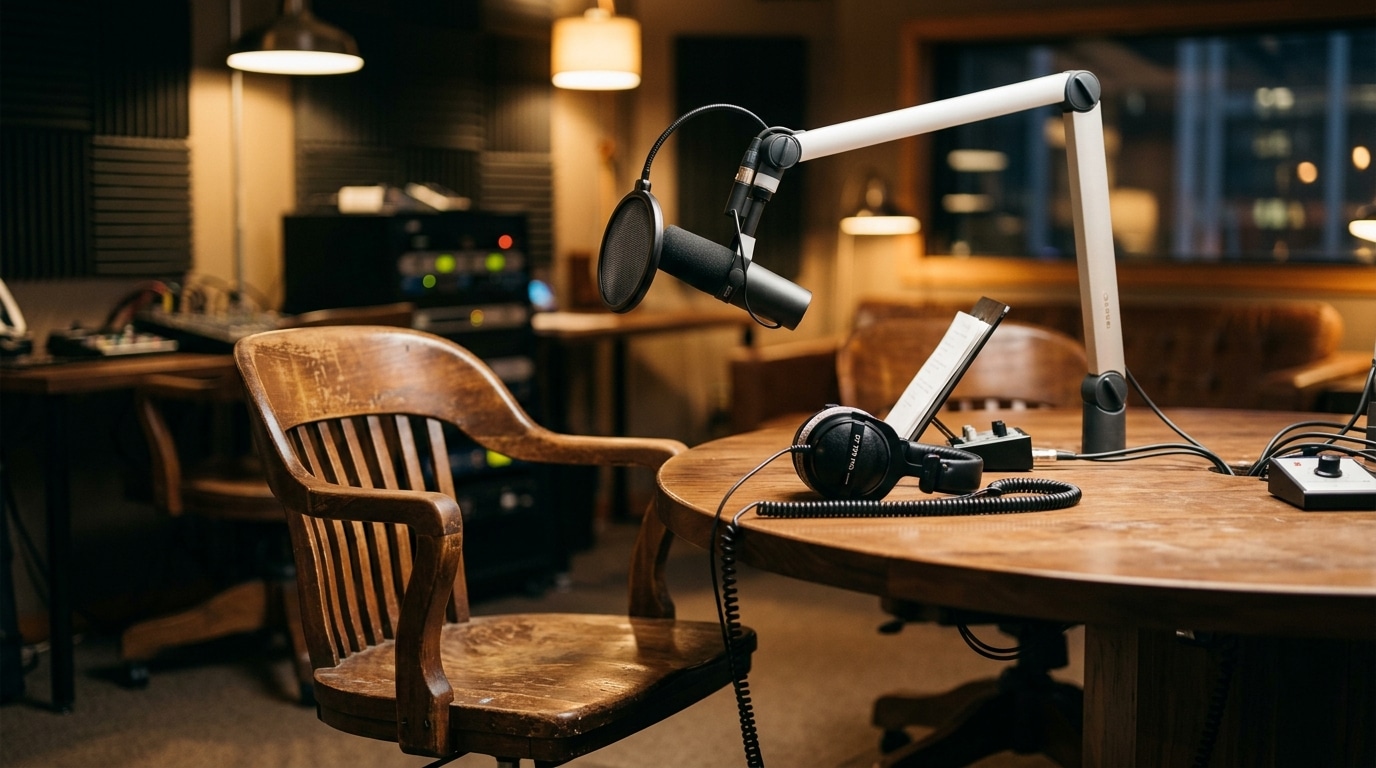Chaise vide à la table des Grosses Têtes avec micro et casque