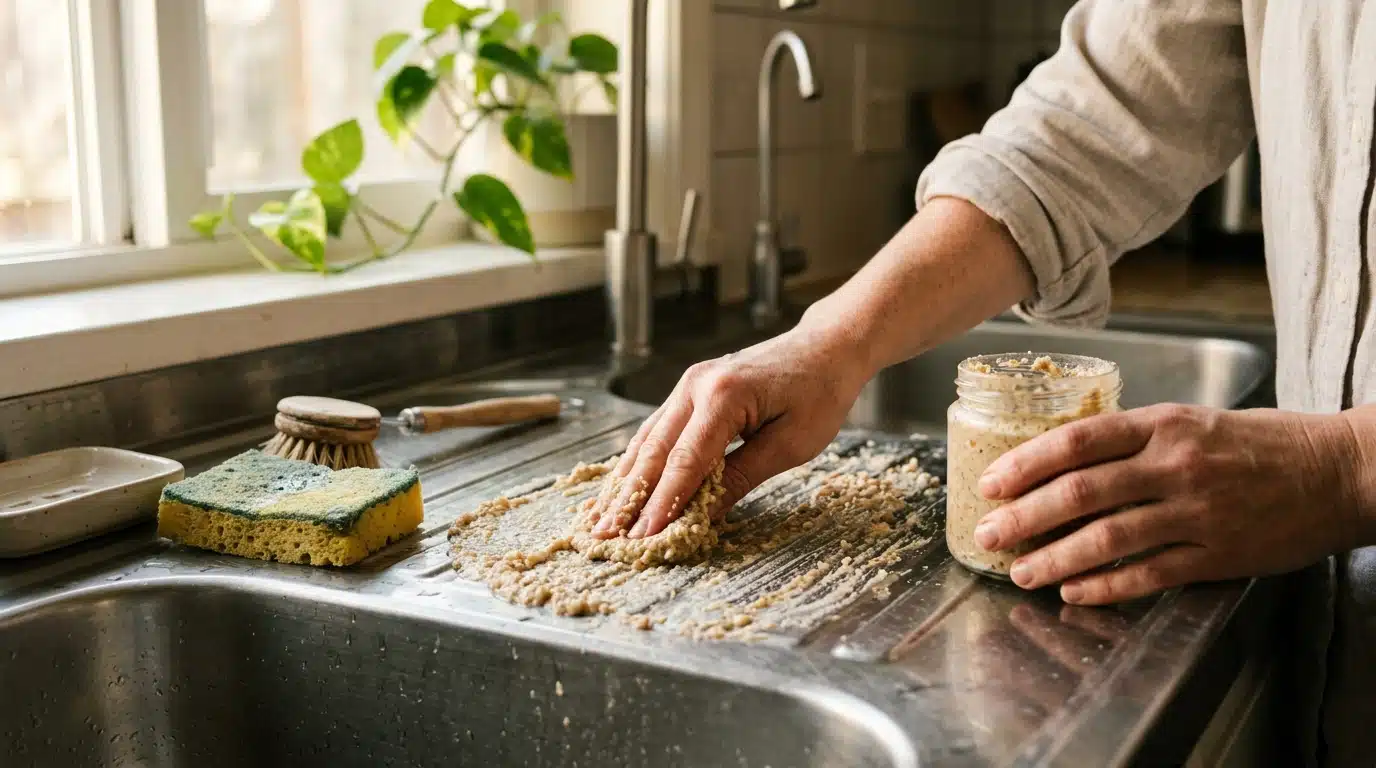 Mains nettoyant un évier avec pâte maison