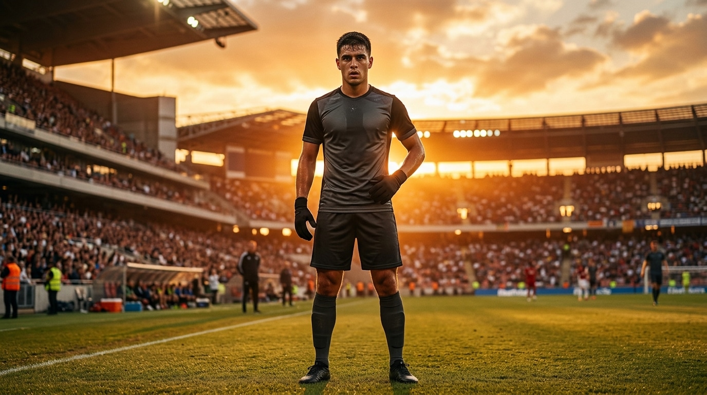 Footballeur déterminé sur un terrain au coucher du soleil