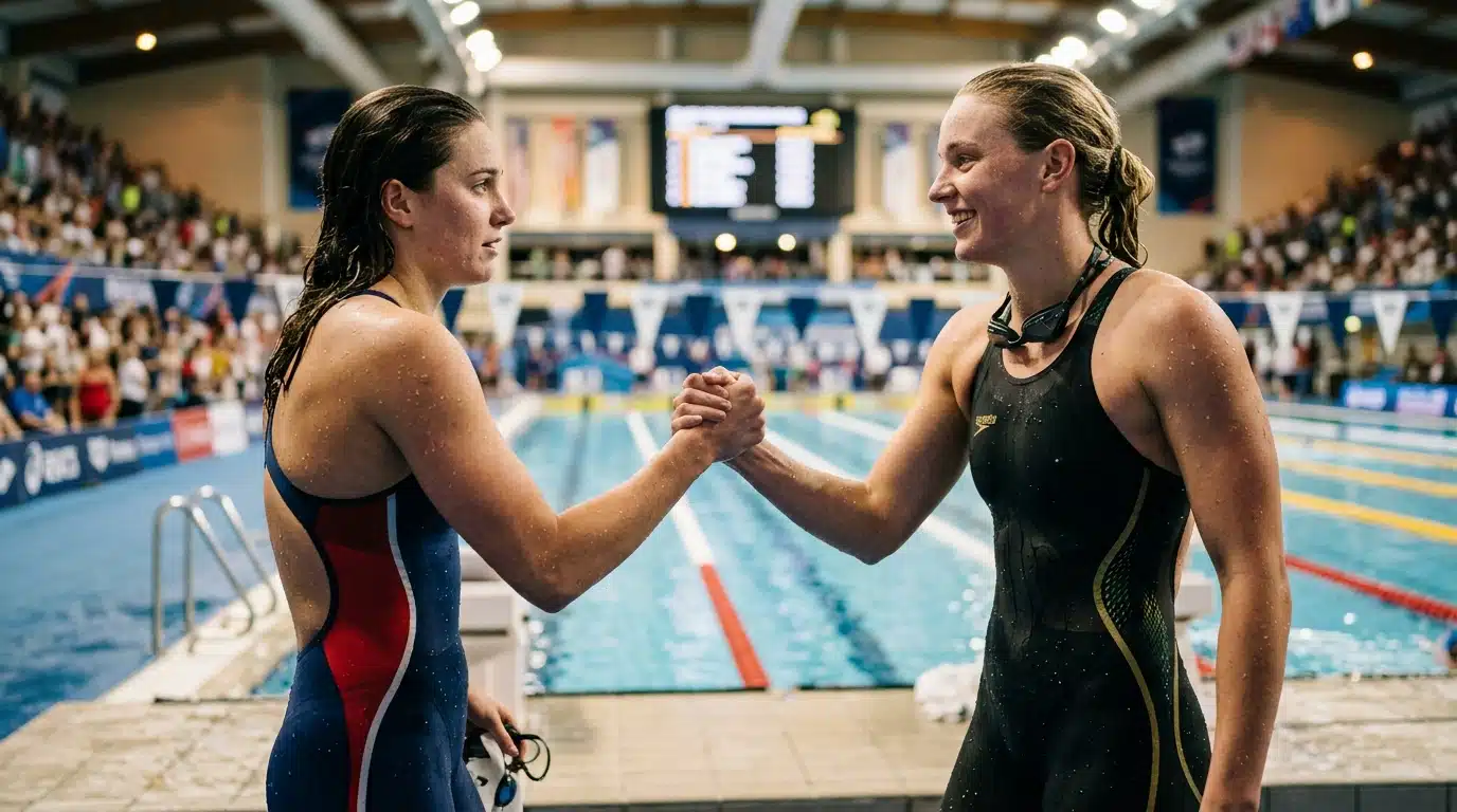 Deux nageurs se serrant la main au bord de la piscine